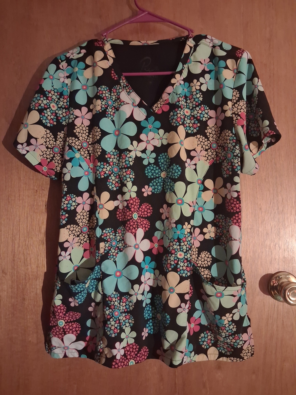 Floral V-Neck Scrub Top with Mint & Pink Blooms